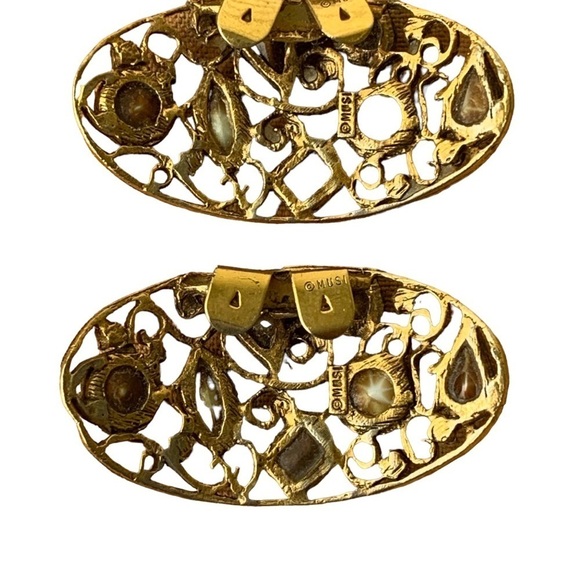 Vintage Signed Musi Shoe Clips Brown Rhinestones Goldtone Mid Century Glam - Picture 4 of 5